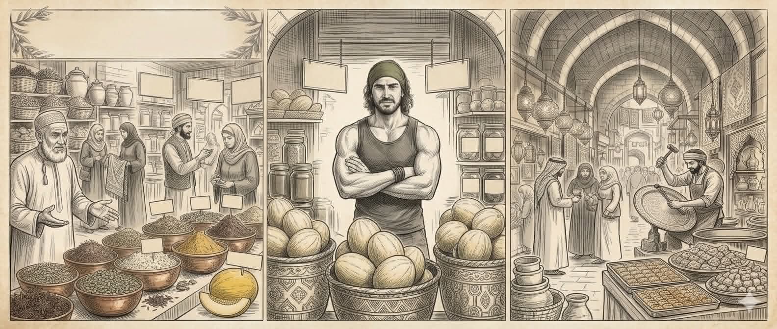 Illustrated bazaar market scene with spice bowls, preserve jars and a merchant